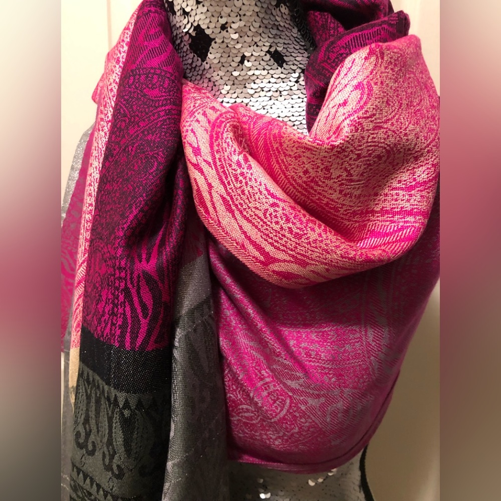 Pashmina Wrap/Scarf with Paisley & Abstract Patterns in Black,Pink,Purple,Greys